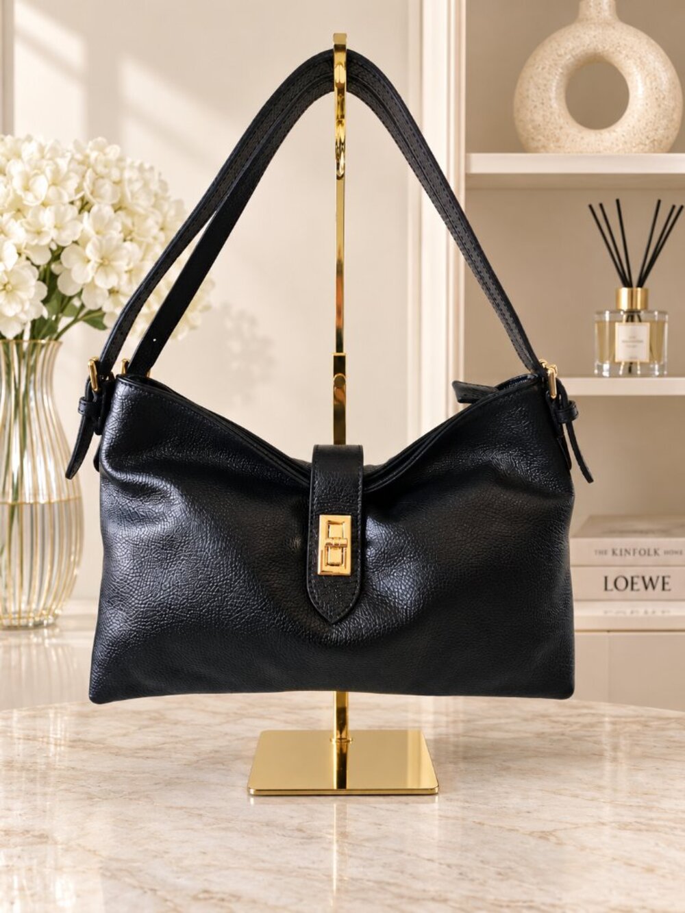 Black Genuine Leather Shoulder Bag, Italian Leather Handbag, Medium Hobo Bag